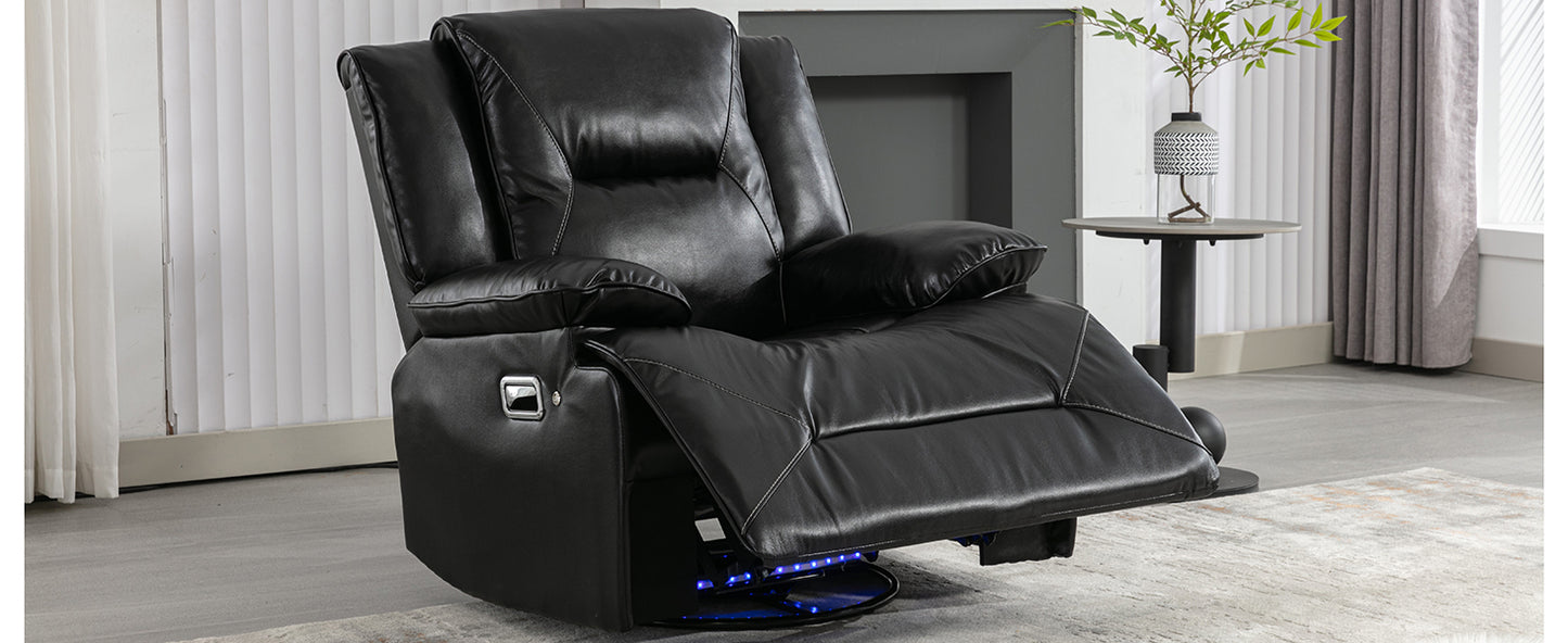 Black leather reclining chair with illuminated base for modern living room comfort