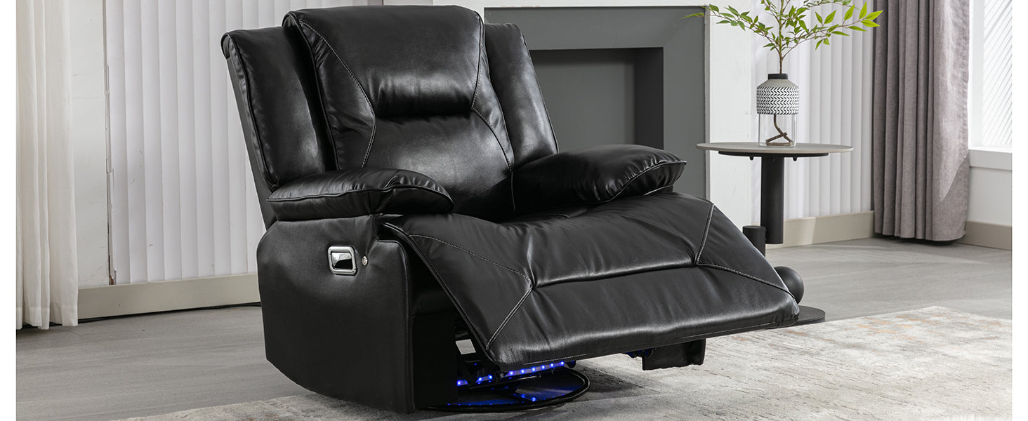 Black leather reclining chair with illuminated base for modern living room comfort