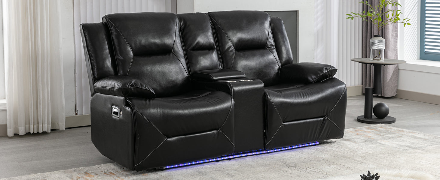 Black leather dual reclining sofa with builtin cup holders and blue LED ambient lighting