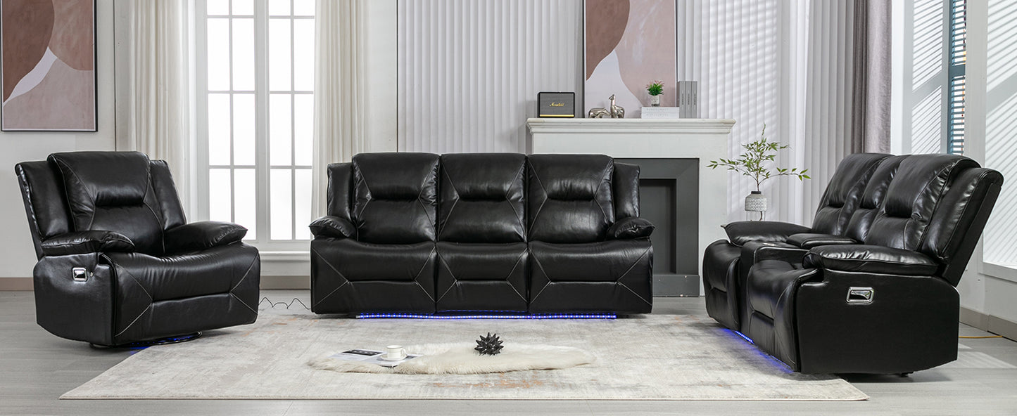 Black leather reclining sofa set with blue LED ambient lighting