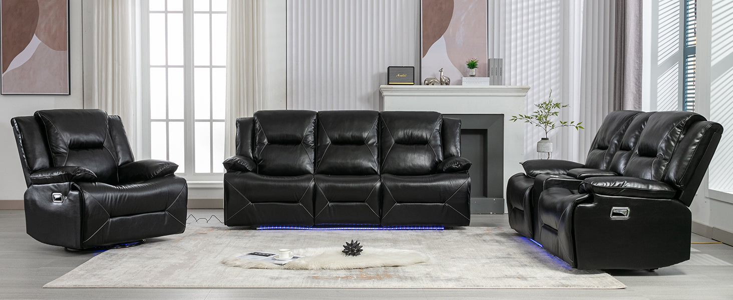 Black leather reclining sofa set with blue LED ambient lighting