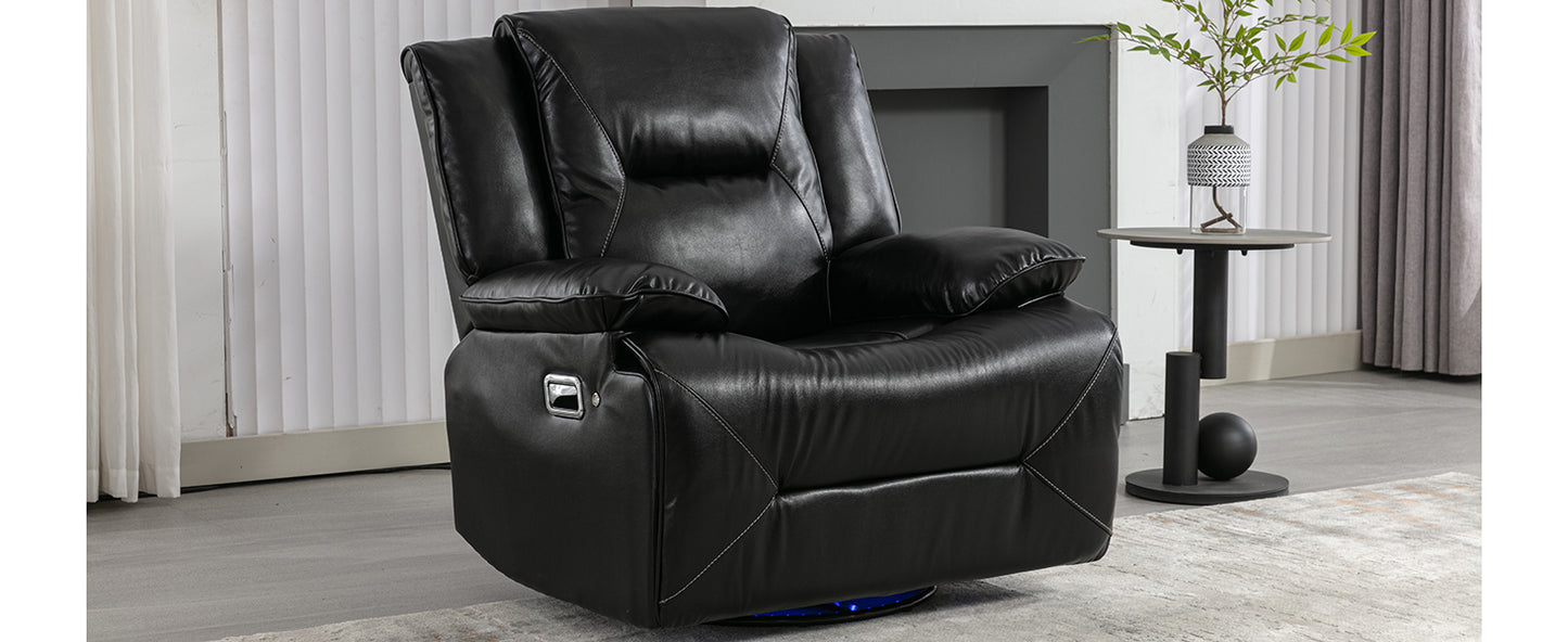 Plush black leather recliner chair with white contrast stitching and chrome lever detail