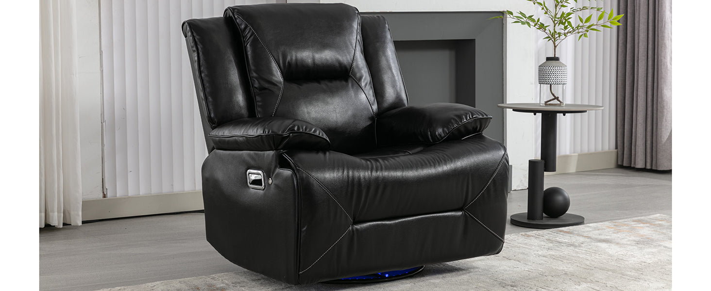 Plush black leather recliner chair with white contrast stitching and chrome lever detail