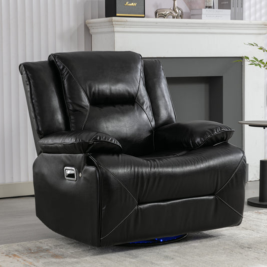 Plush black leather recliner chair with silver side lever for easy adjustment