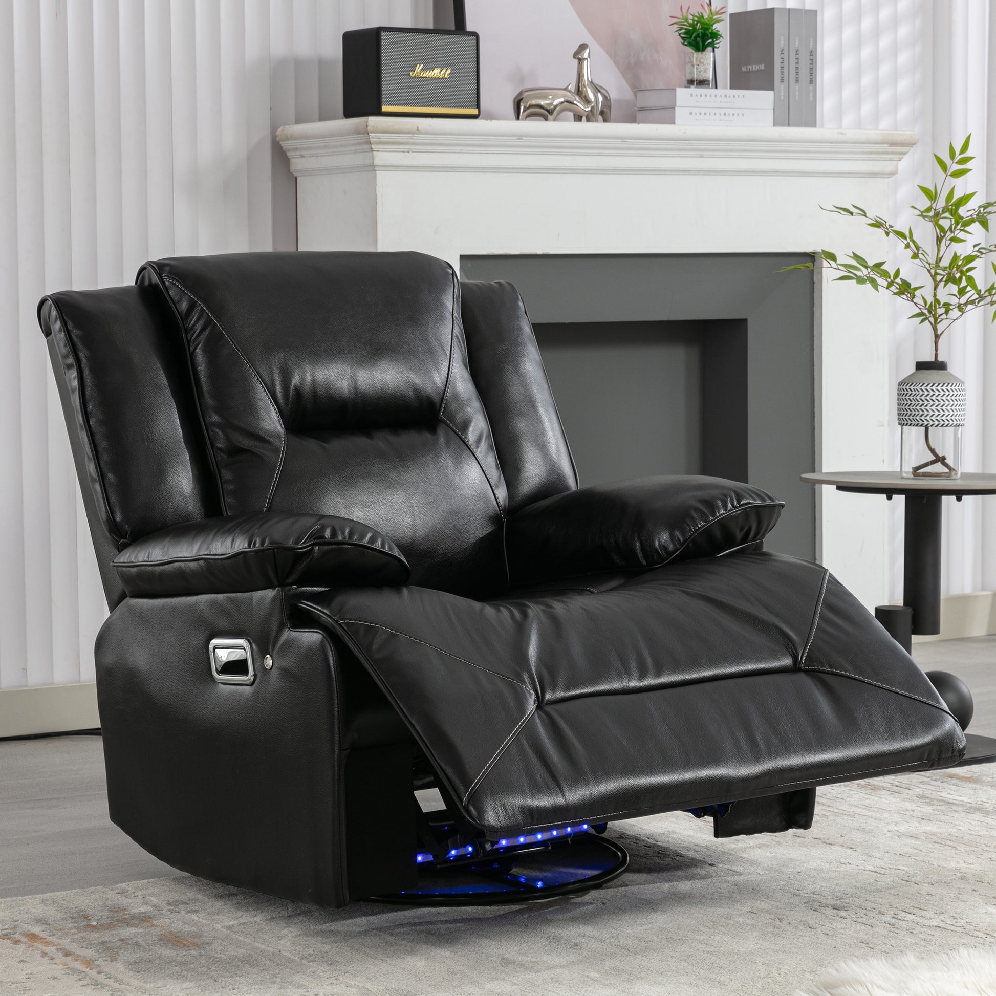Black leather power recliner with chrome accents and LED base lighting