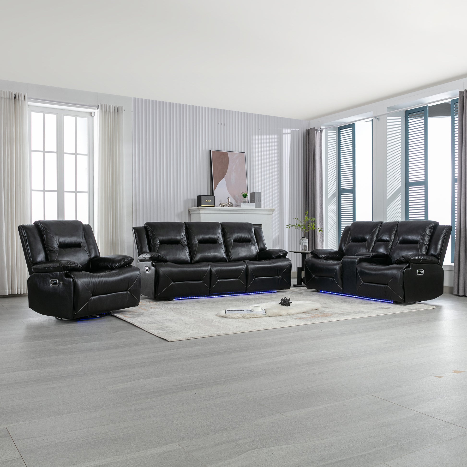 Black faux leather reclining sofa with LED accent lighting seating for three
