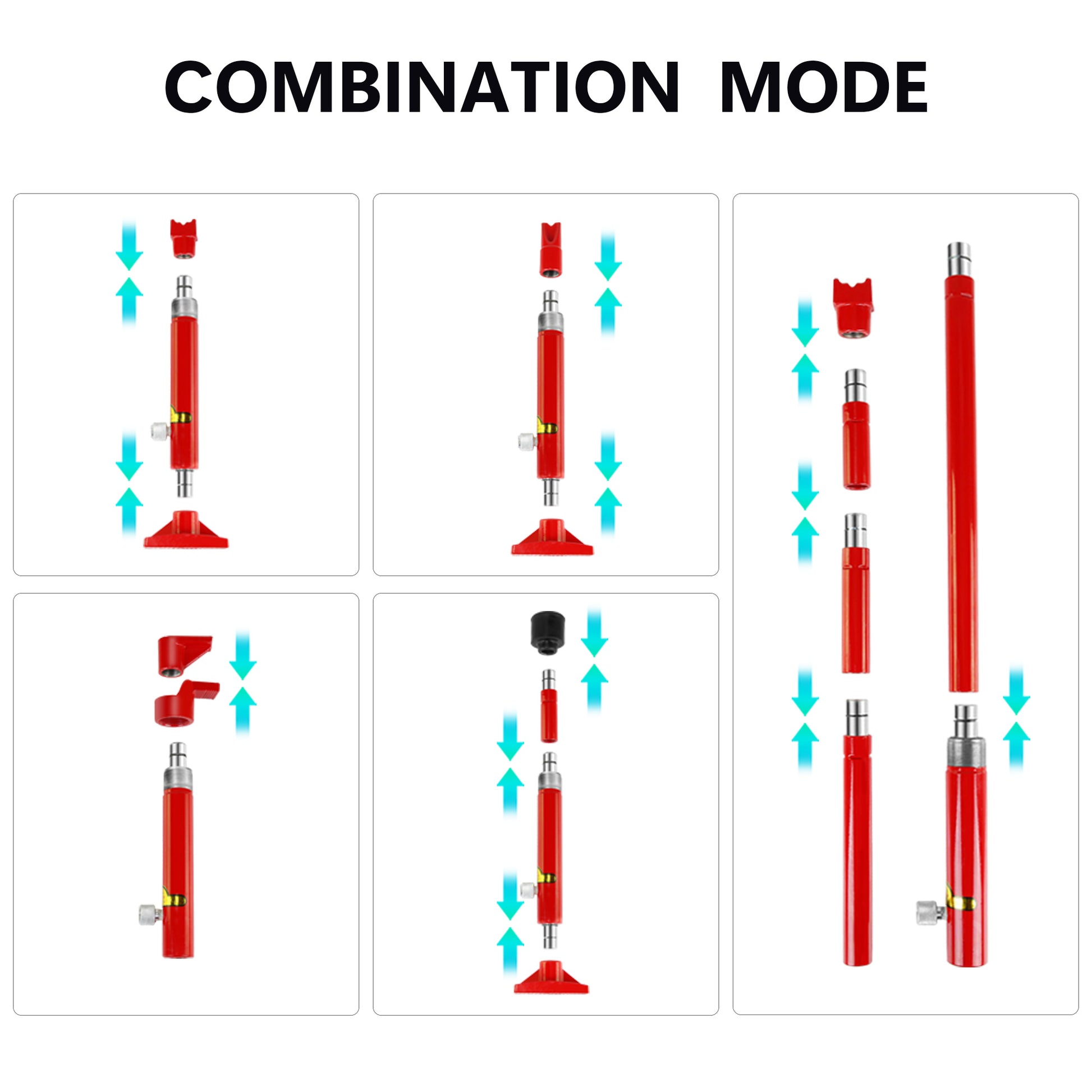 Red hydraulic jack components showing assembly with arrows for combination mode