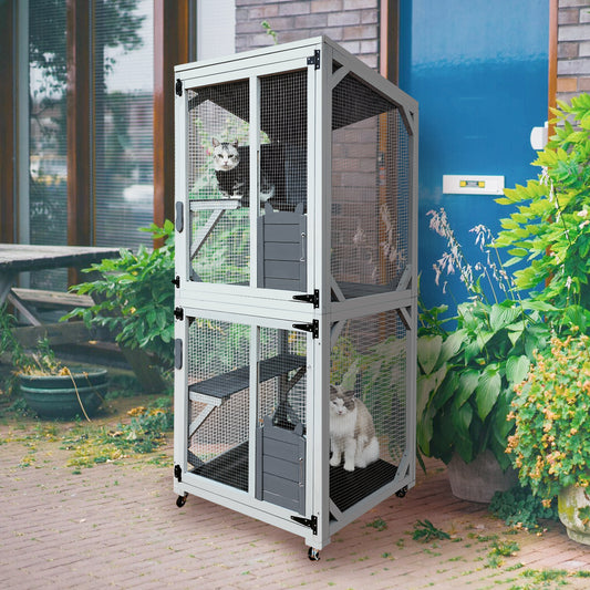 Twotier grey outdoor cat enclosure with platforms and nesting boxes