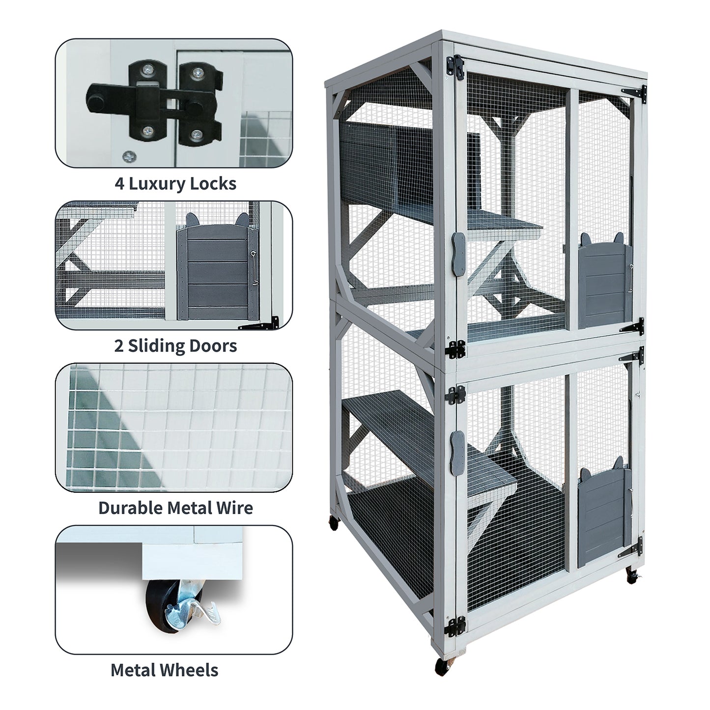 White wooden cat condo with multiple levels platforms and doors
