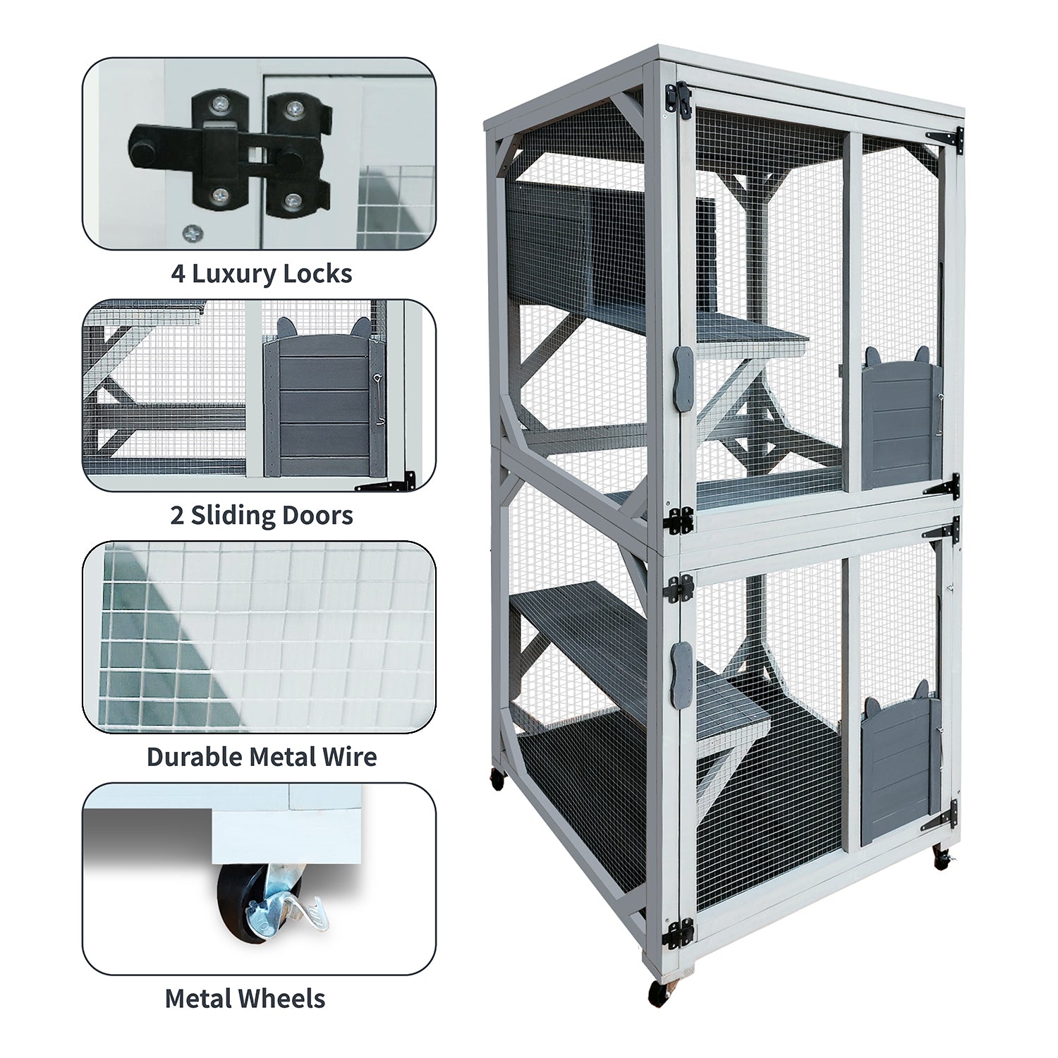 White wooden cat condo with multiple levels platforms and doors