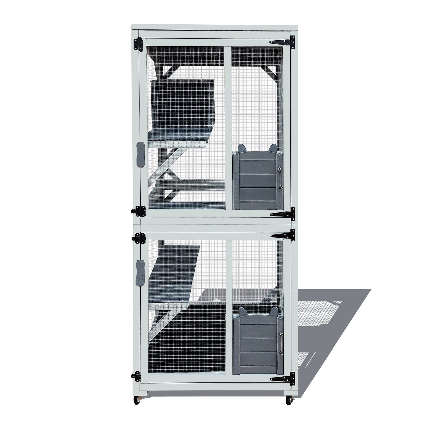 Twotier white wooden pet hutch with ramps and resting platforms