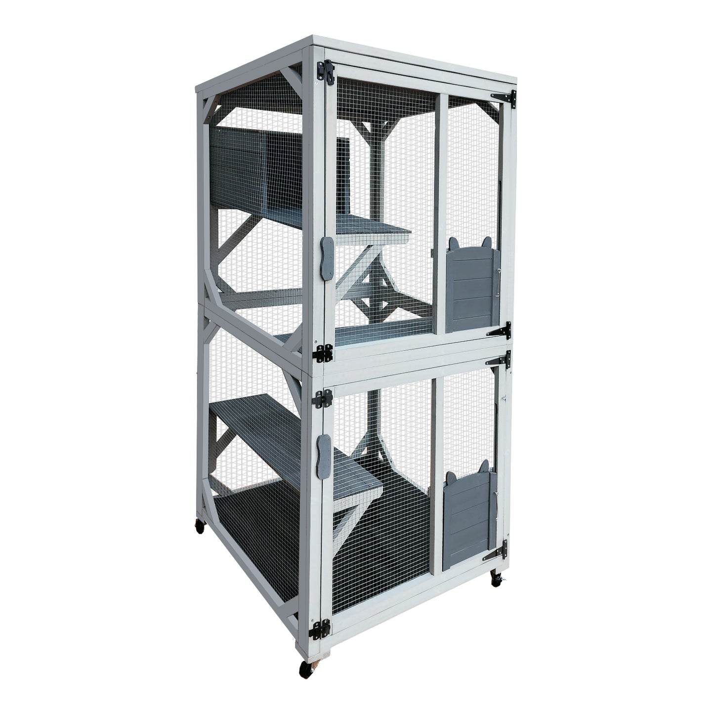 Twotiered white and grey indoor cat cage with shelves and wheeled base