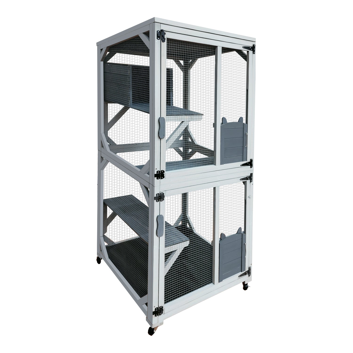 Twotiered white and grey indoor cat cage with shelves and wheeled base