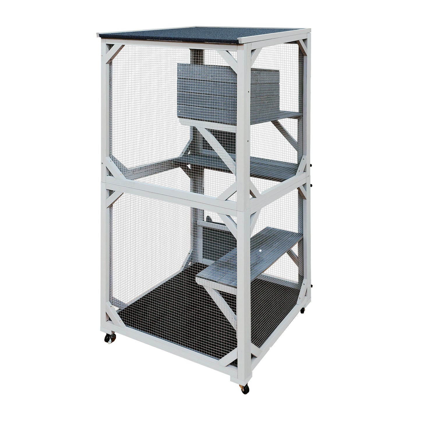 White wooden outdoor cat enclosure with multiple levels and wheels