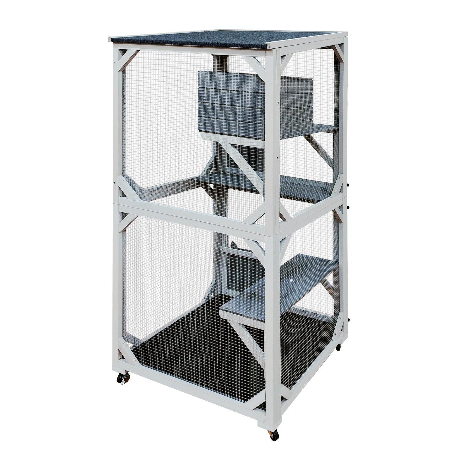 White wooden outdoor cat enclosure with multiple levels and wheels