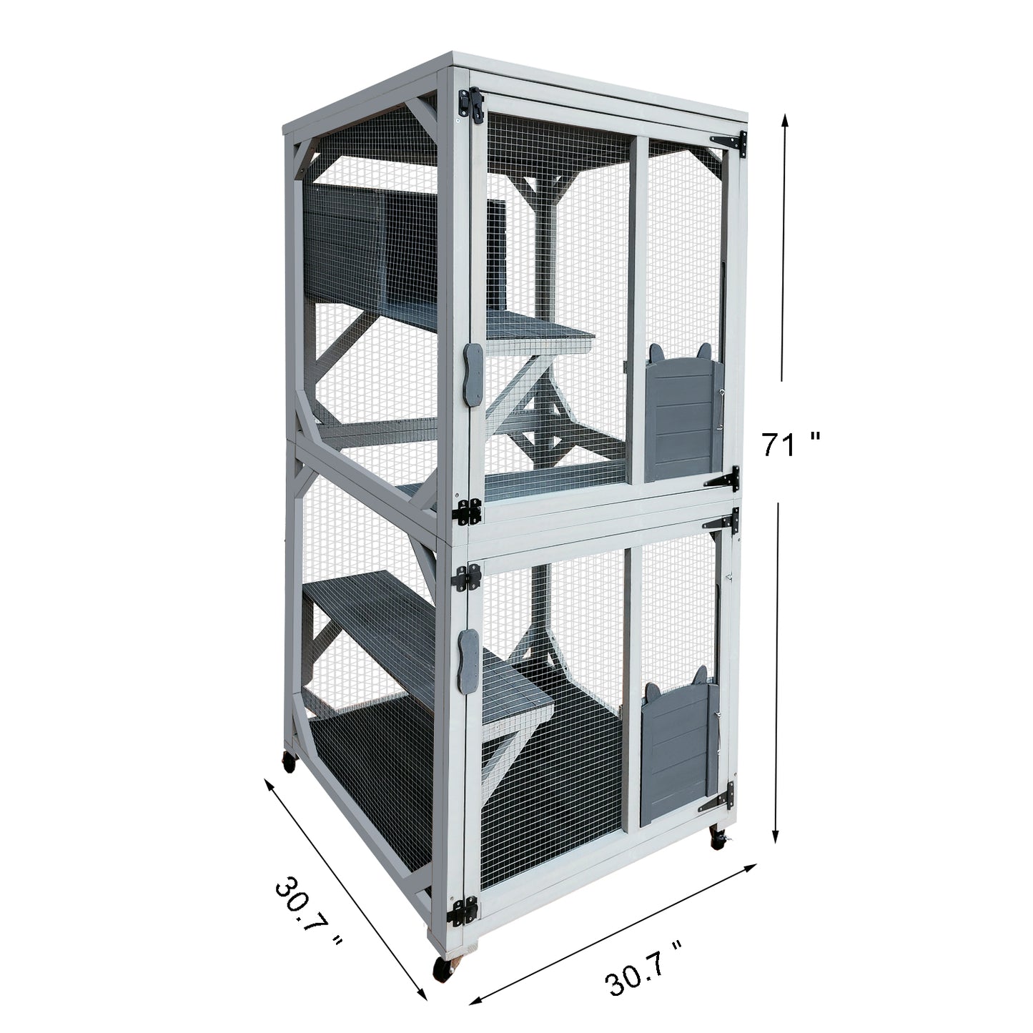 Twotier grey and white wooden cat condo with platforms and enclosed den
