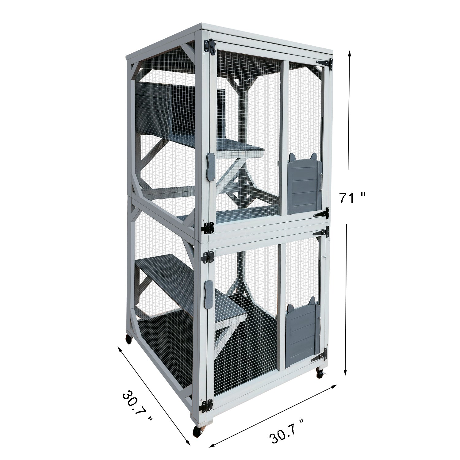 Twotier grey and white wooden cat condo with platforms and enclosed den