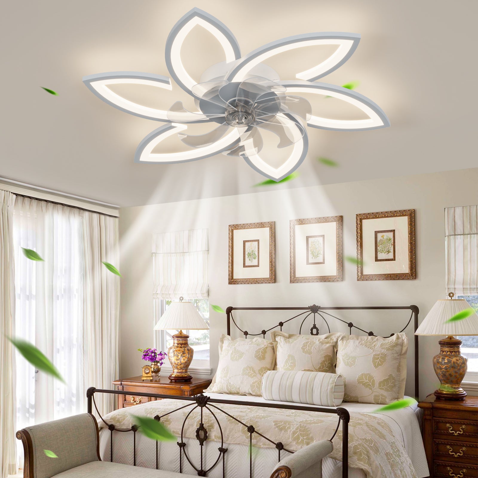 Modern white flowershaped ceiling fan with integrated LED light in a bedroom