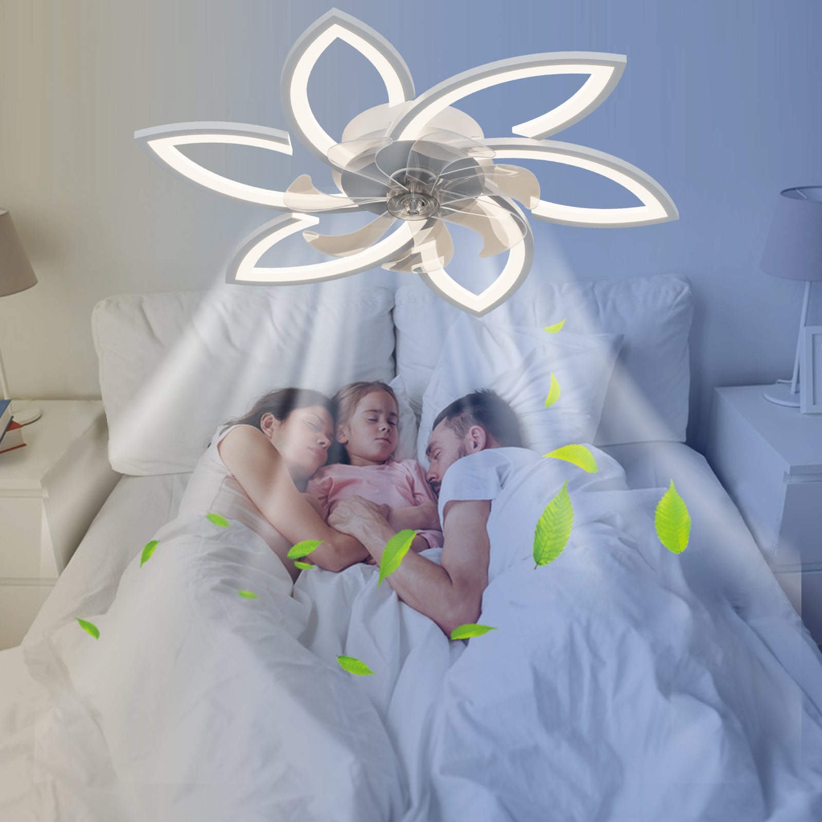 Modern flowershaped ceiling fan light with integrated LED white petals for bedroom comfort