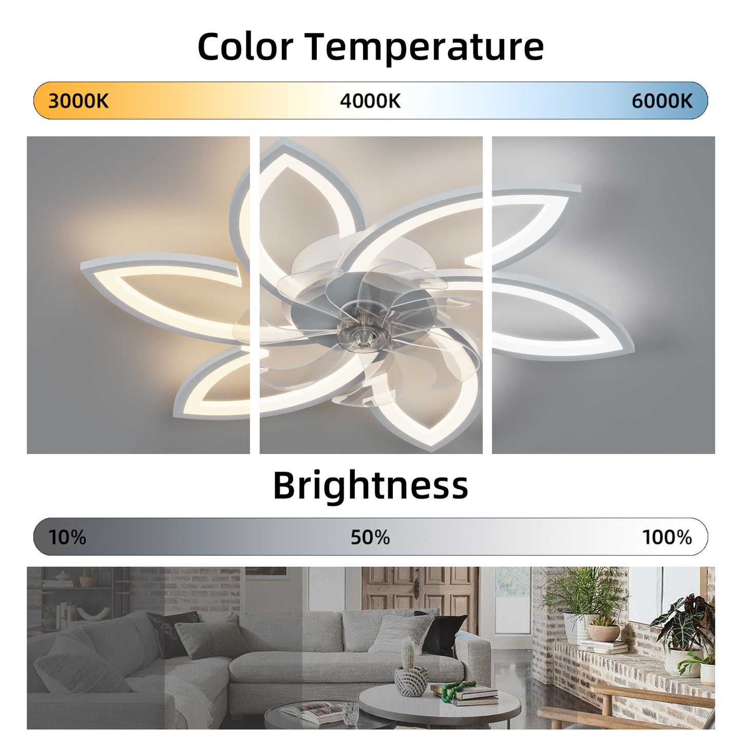 Modern white petal ceiling fan light showing K warm white illumination