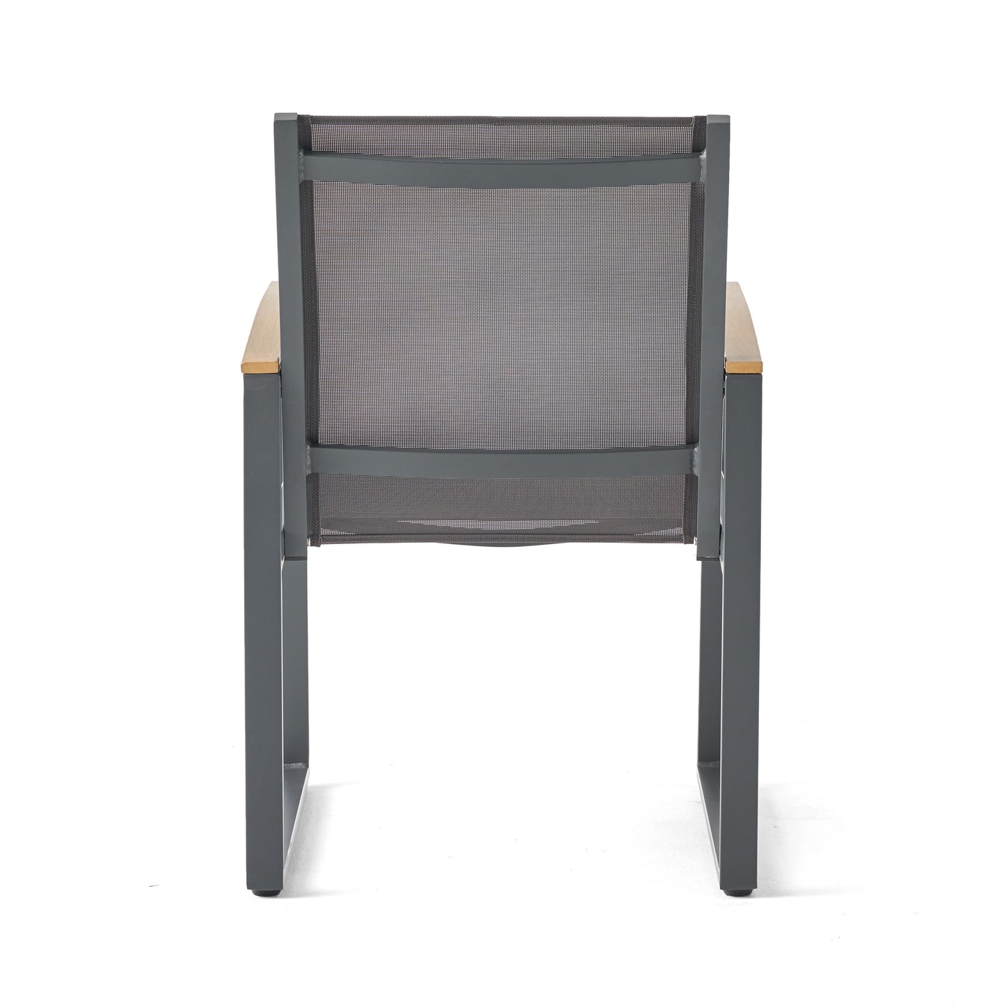 Modern grey metal outdoor chair with wood armrests breathable mesh back