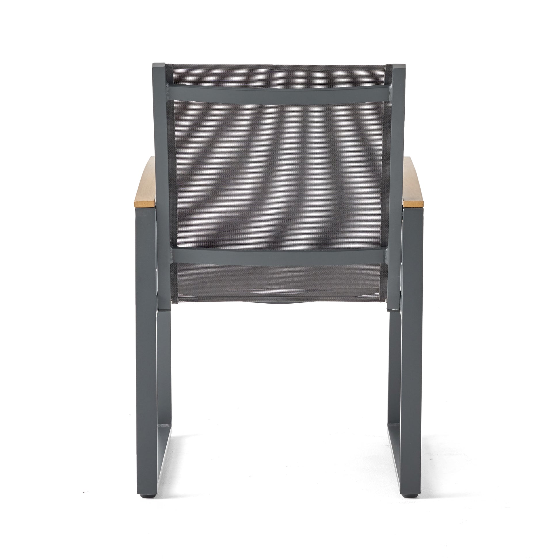 Modern grey metal outdoor chair with wood armrests breathable mesh back