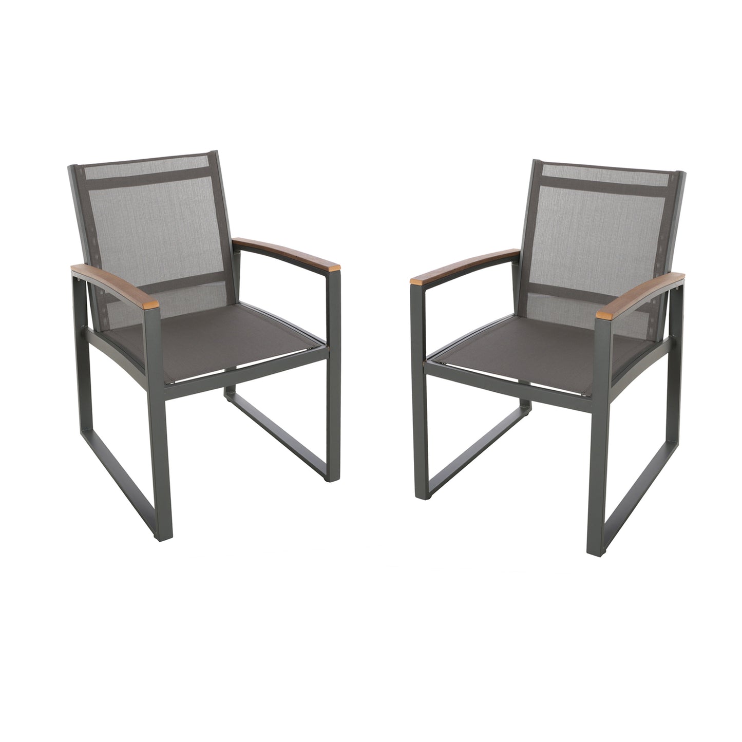 Two modern grey sling chairs with wooden armrests on white background