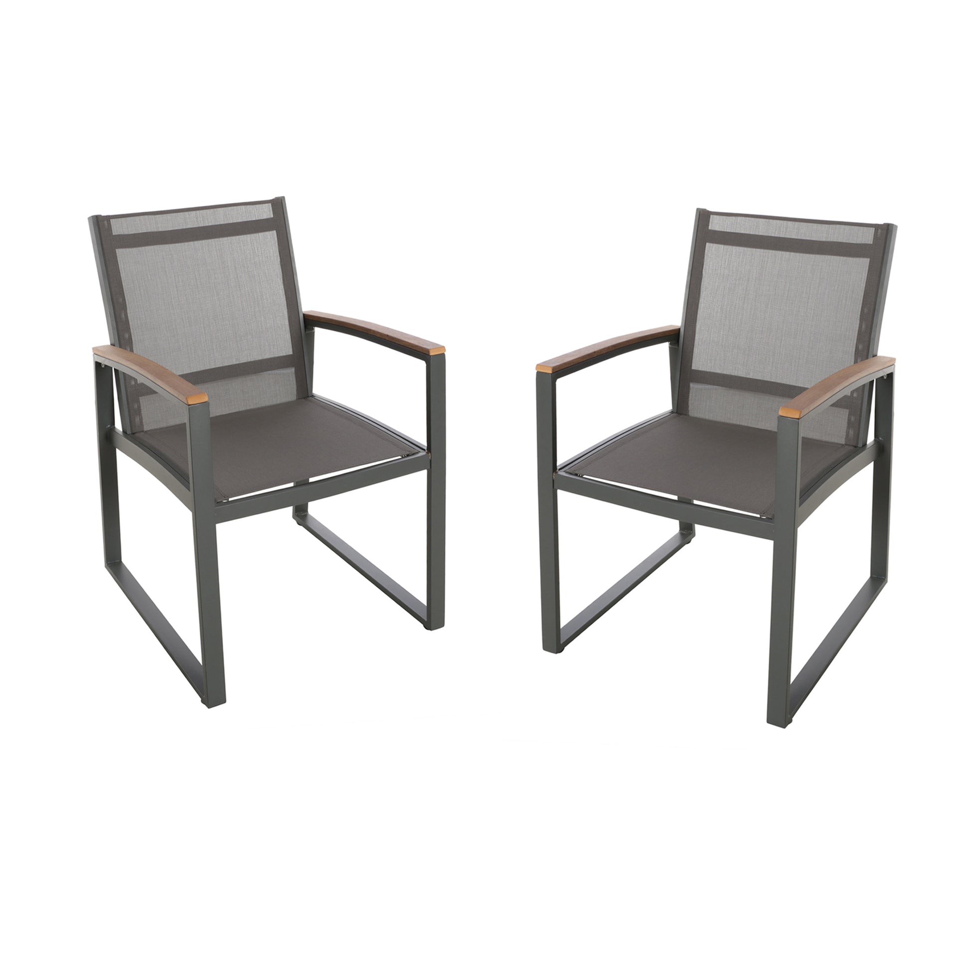 Two modern grey sling chairs with wooden armrests on white background