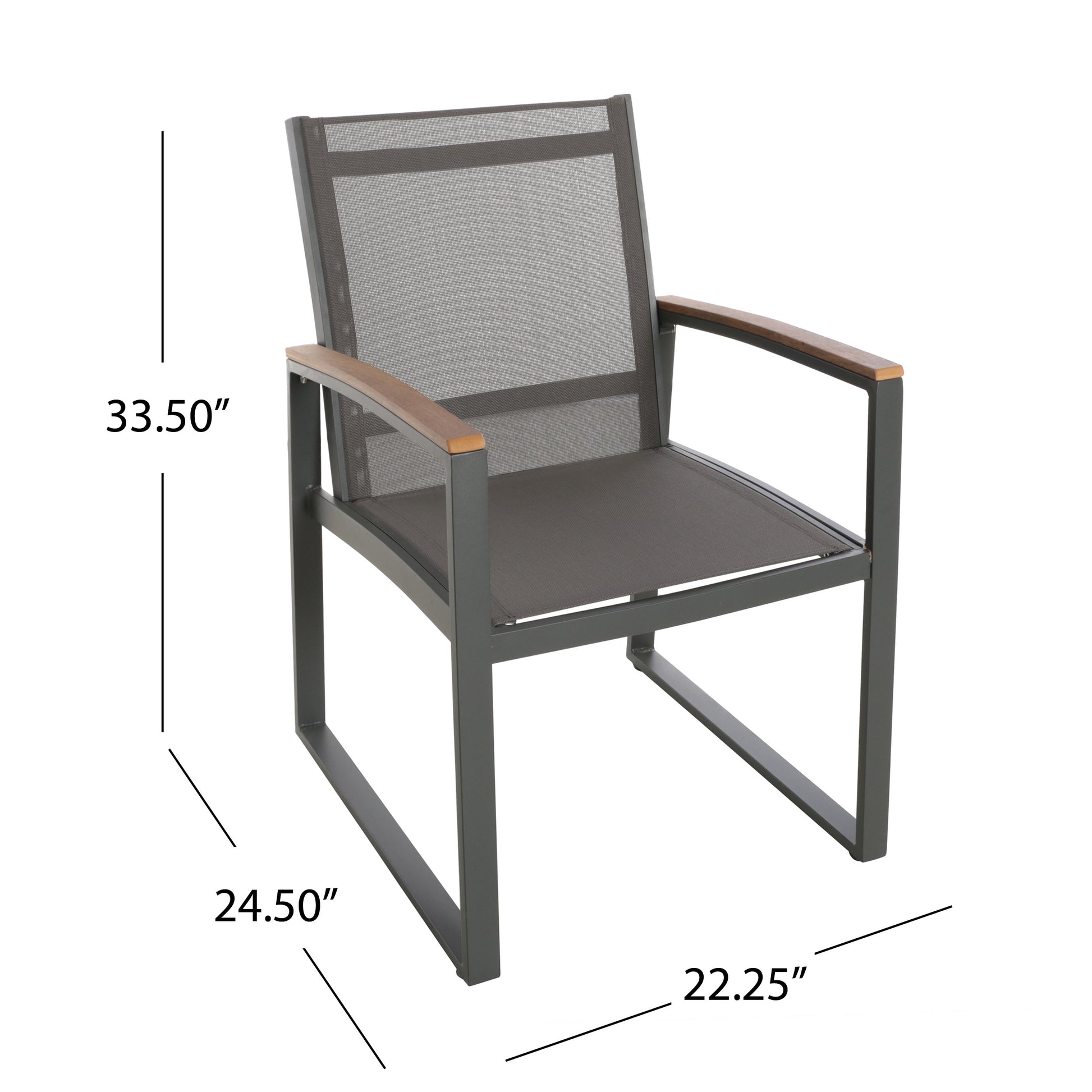 Modern grey outdoor arm chair with wood accents and mesh seat