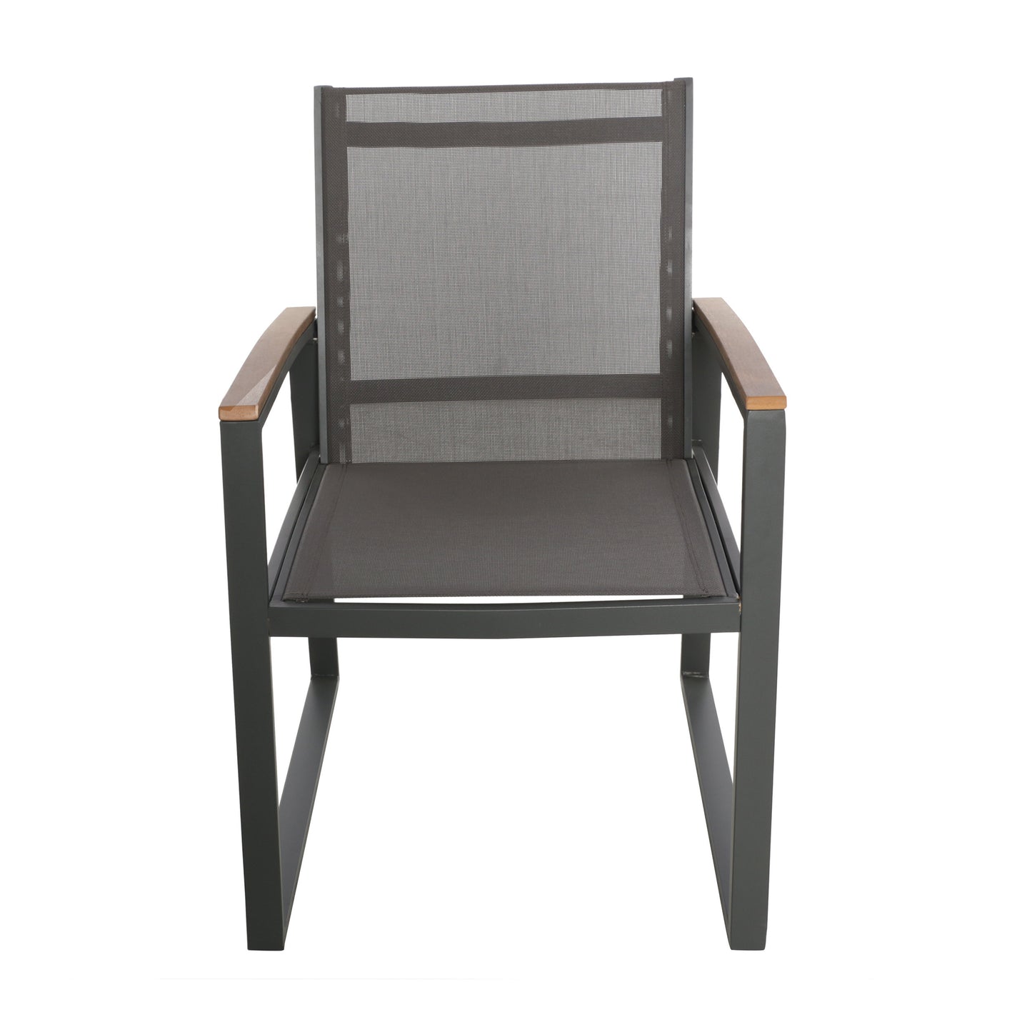 Modern grey mesh armchair with natural wood armrests ideal for outdoor seating