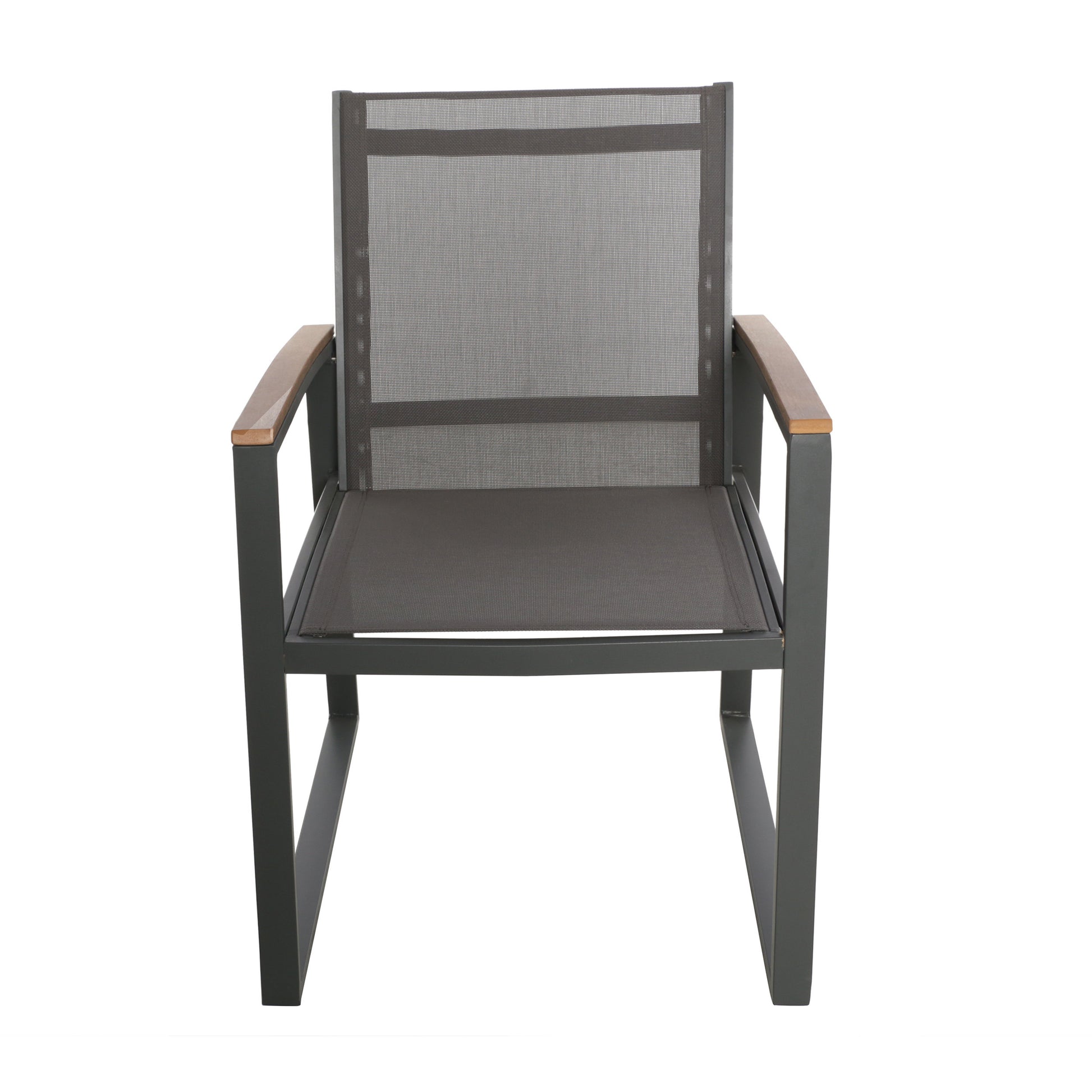 Modern grey mesh armchair with natural wood armrests ideal for outdoor seating