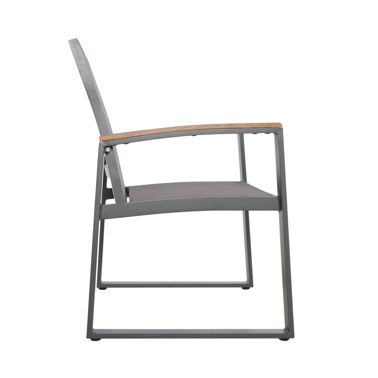 Gray metal patio chair with wood armrests modern outdoor seating