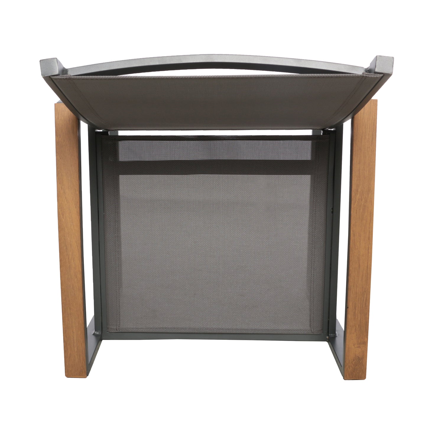 Contemporary grey mesh lounger with natural wood frame legs perfect for patio relaxation