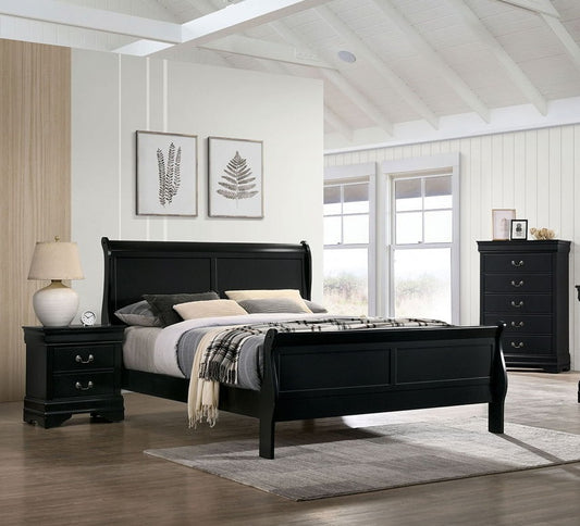 Classic black sleigh bed frame with decorative headboard and footboard