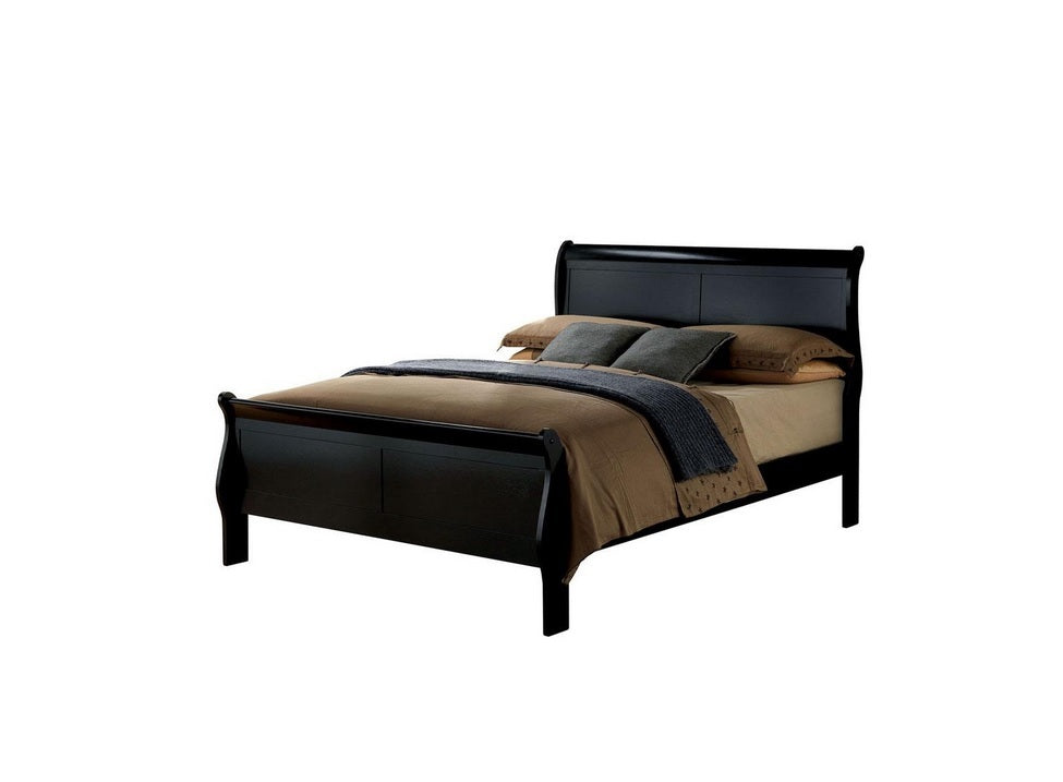 Black wooden sleigh bed frame with upholstered cushions and brown bedding
