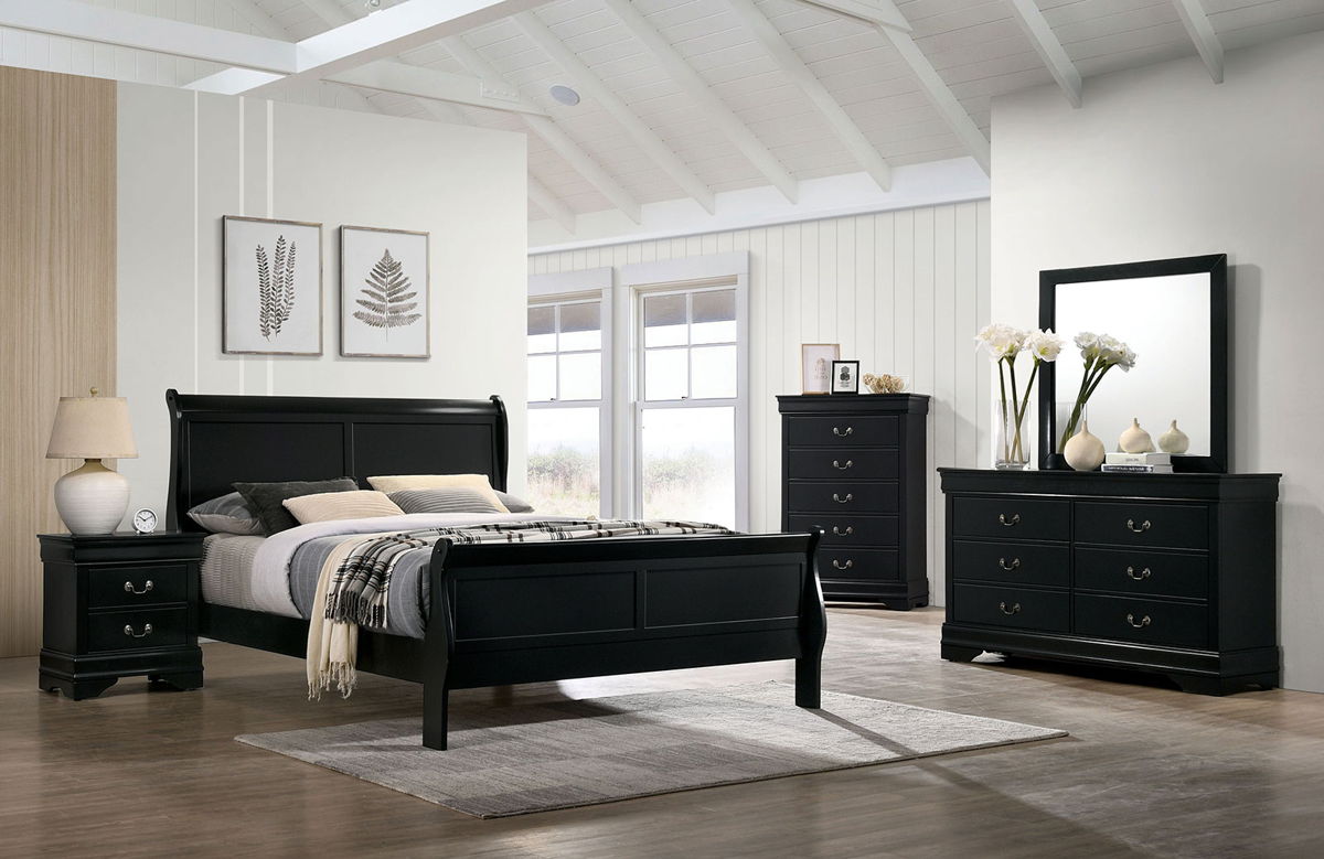 Black sleigh bed with matching nightstand