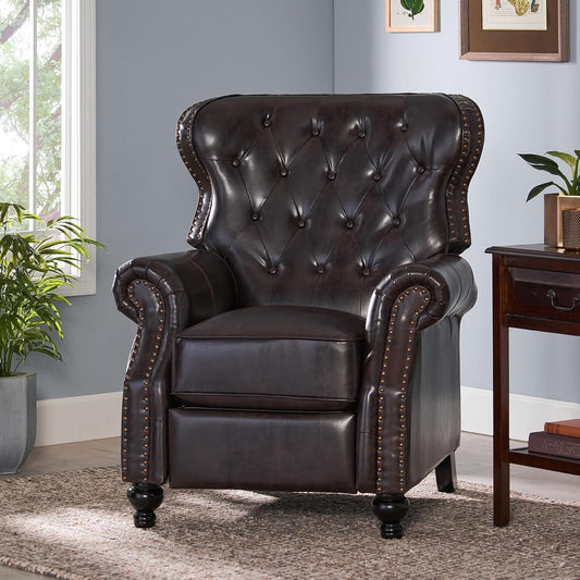 Tufted dark brown leather recliner with brass nailhead trim and carved legs