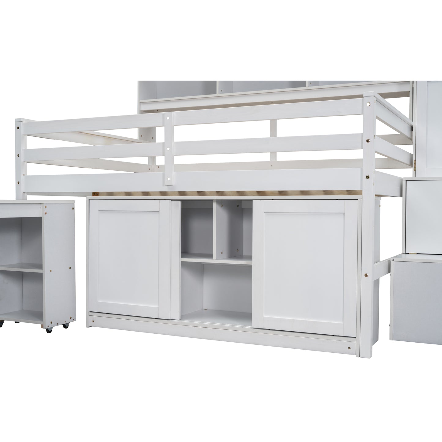 White loft bed frame with storage drawers and shelves perfect for kids rooms