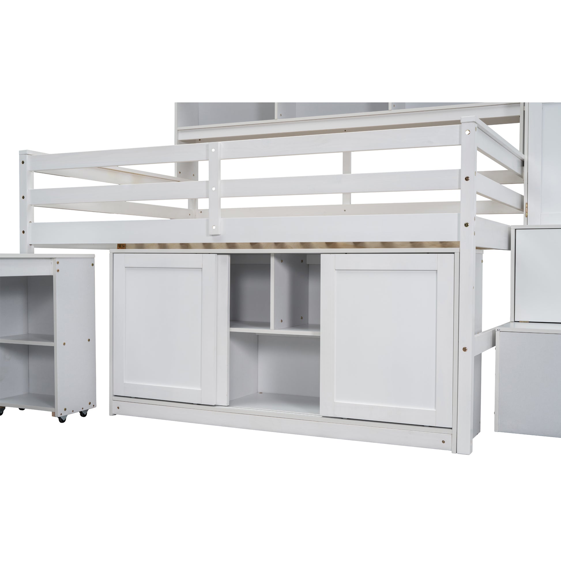 White loft bed frame with storage drawers and shelves perfect for kids rooms