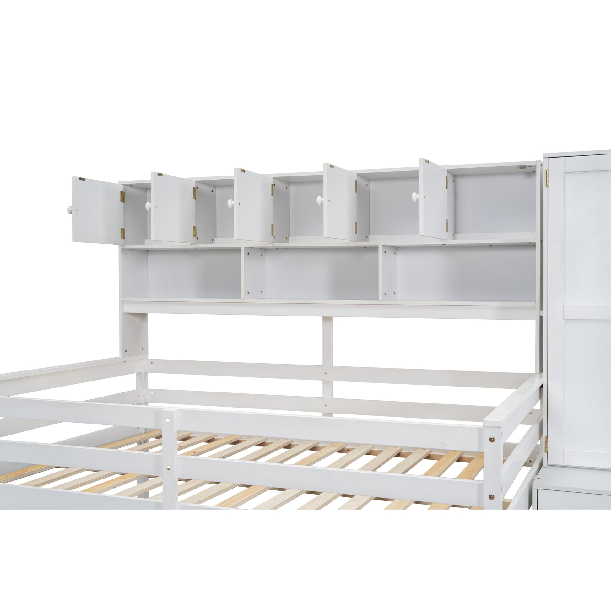 White wooden daybed with open storage cubbies and a builtin cabinet ideal for kids rooms