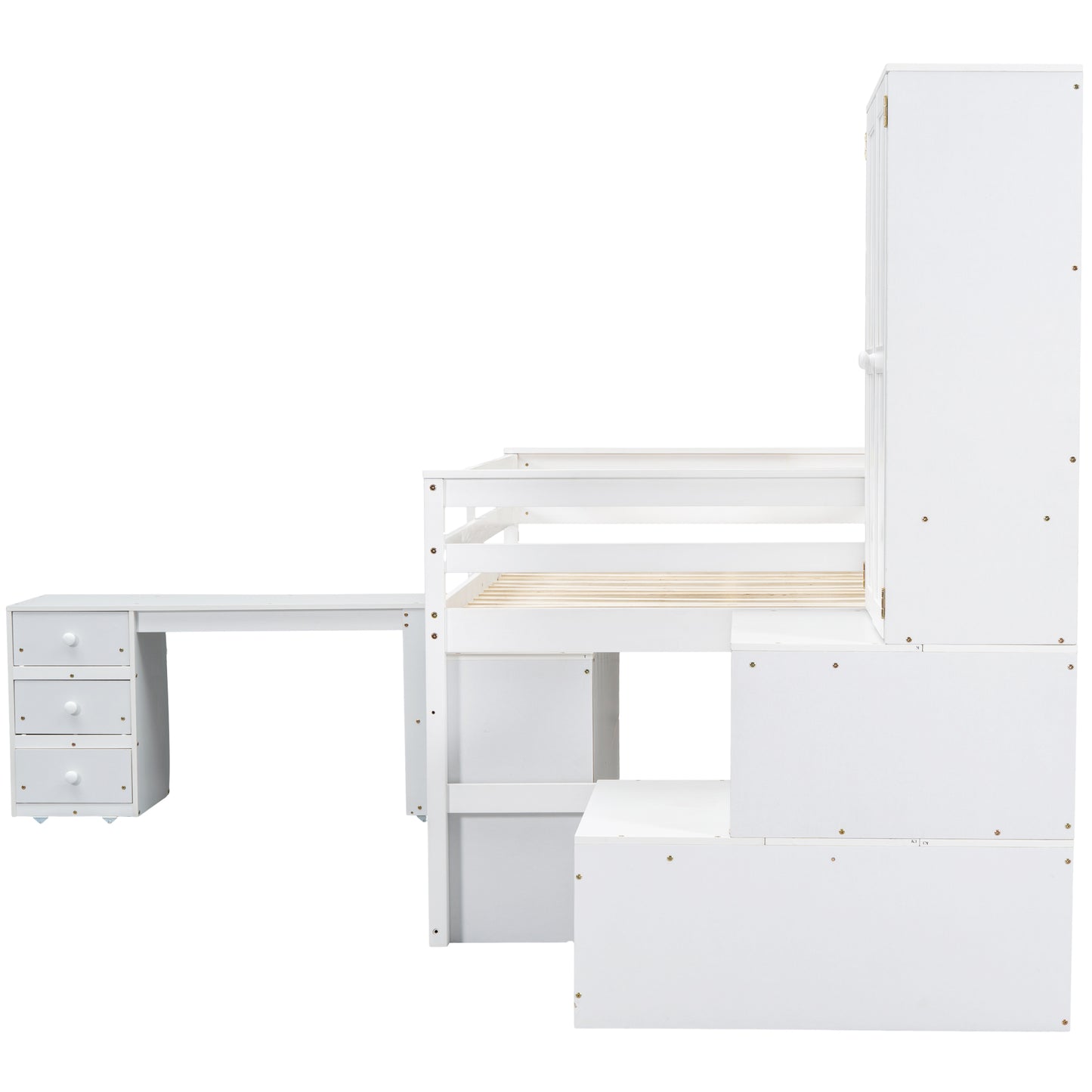 White loft bed with integrated desk and storage cabinet for kids