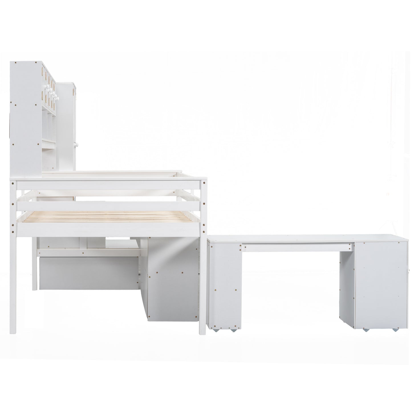White loft bed with integrated desk and storage shelves perfect for small bedrooms