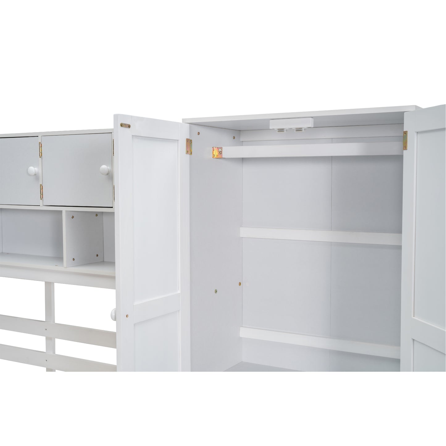 White wooden wardrobe interior with open doors and shelves offering ample storage