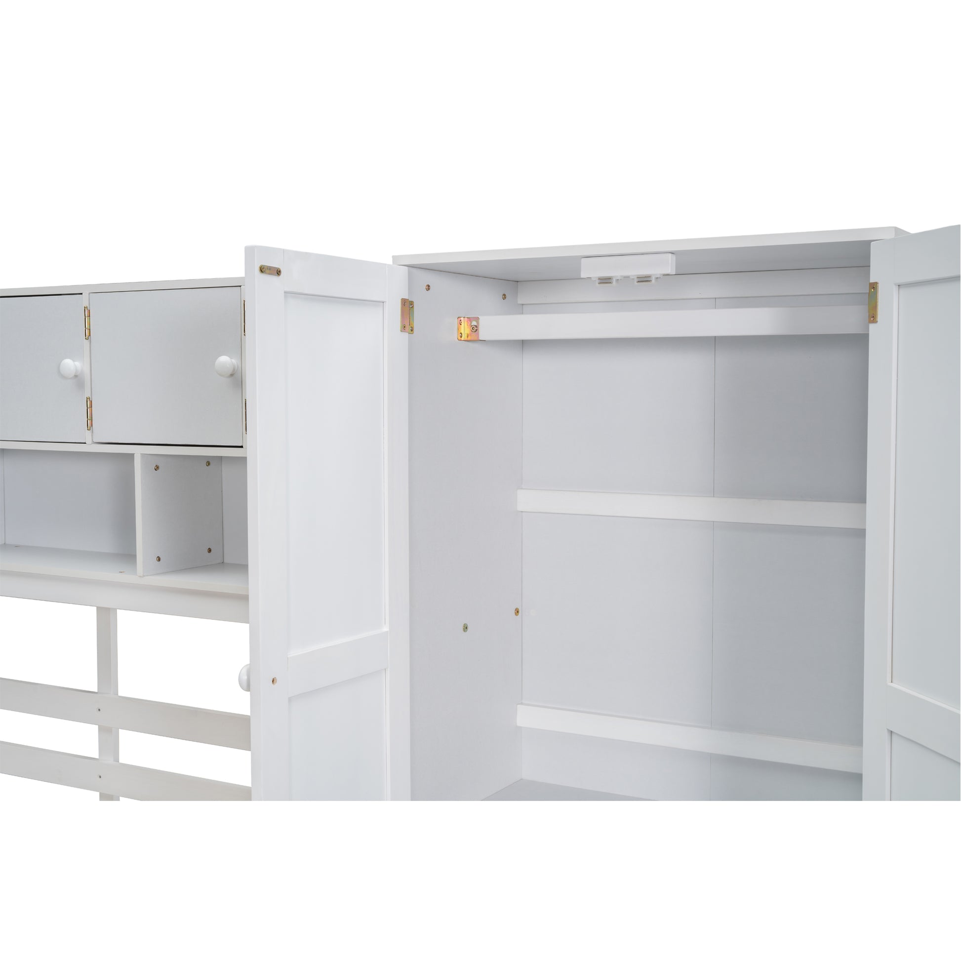 White wooden wardrobe interior with open doors and shelves offering ample storage