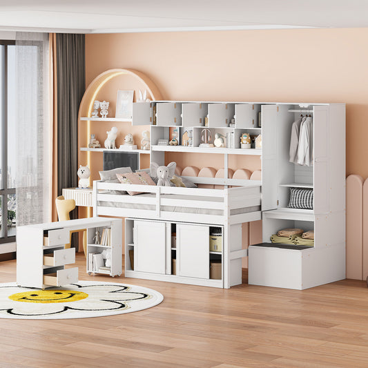 White bunk bed with integrated desk wardrobe and shelving for a childs room