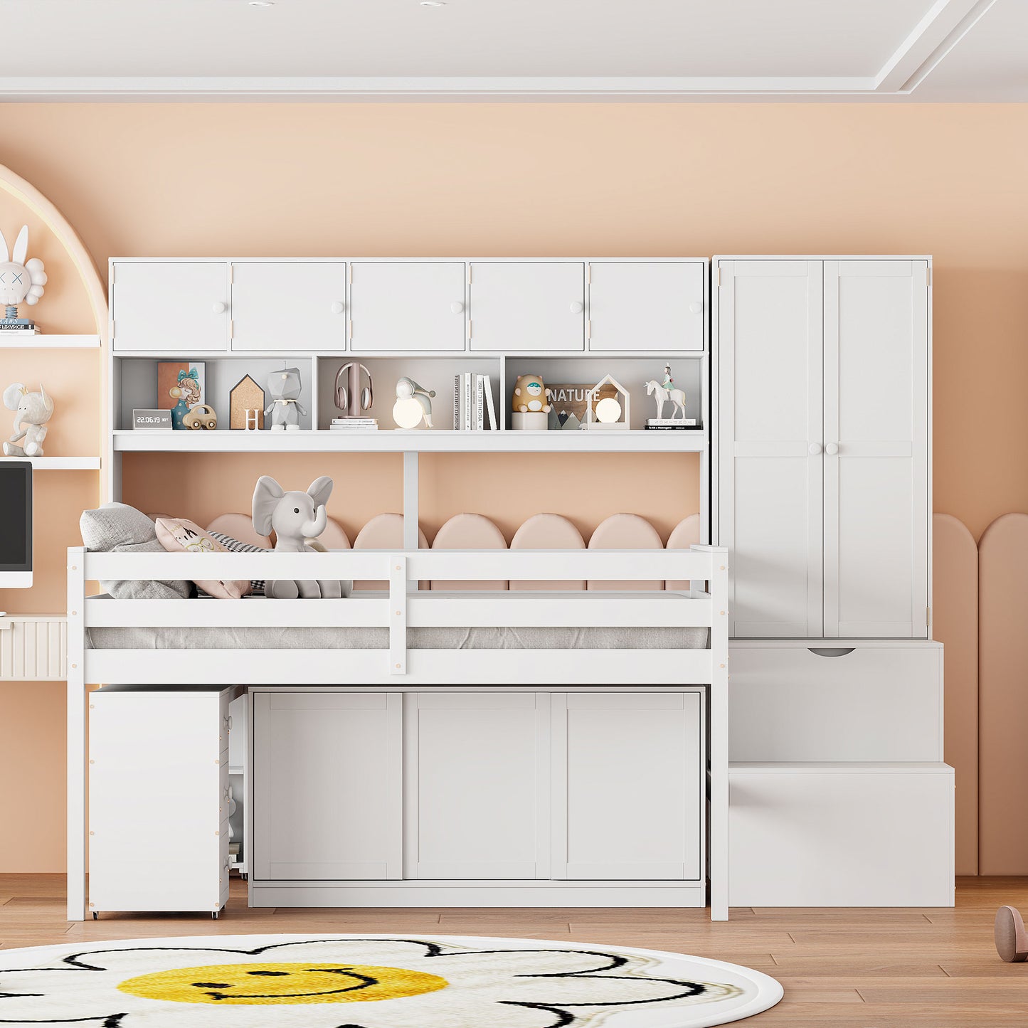 White loft bed with storage drawers desk and integrated shelving for kids room