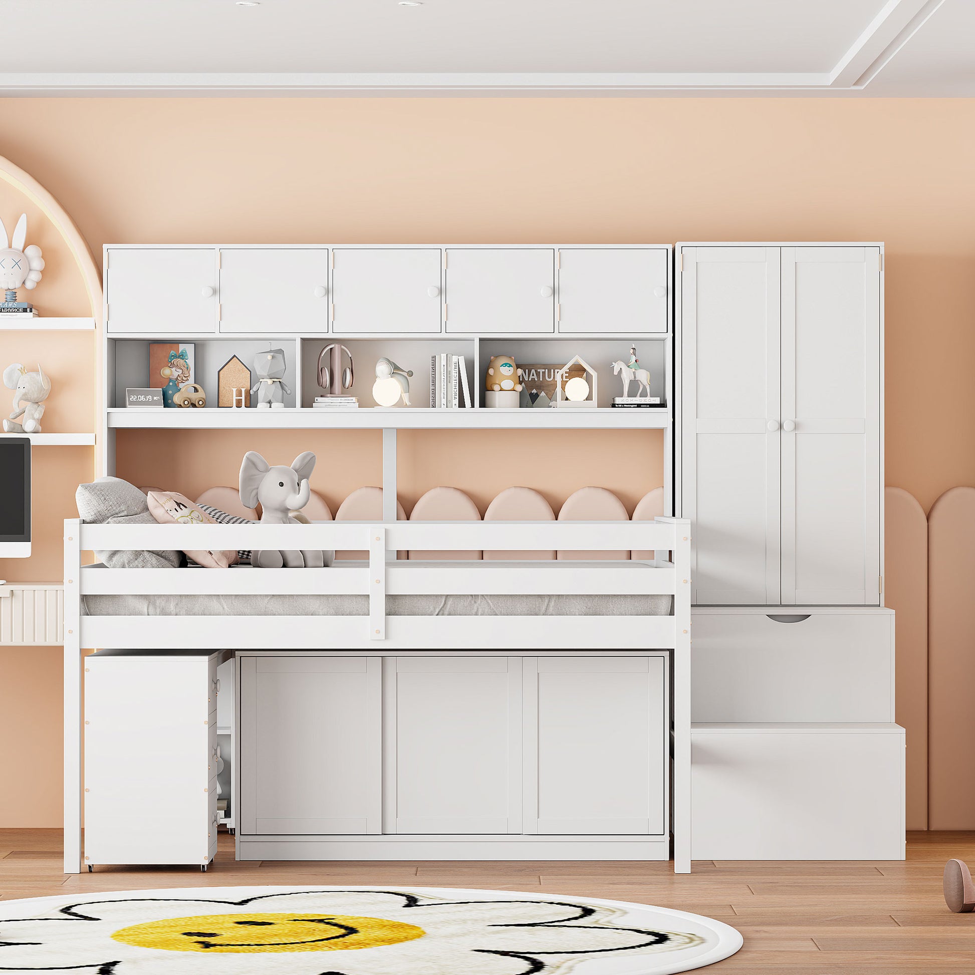 White loft bed with storage drawers desk and integrated shelving for kids room