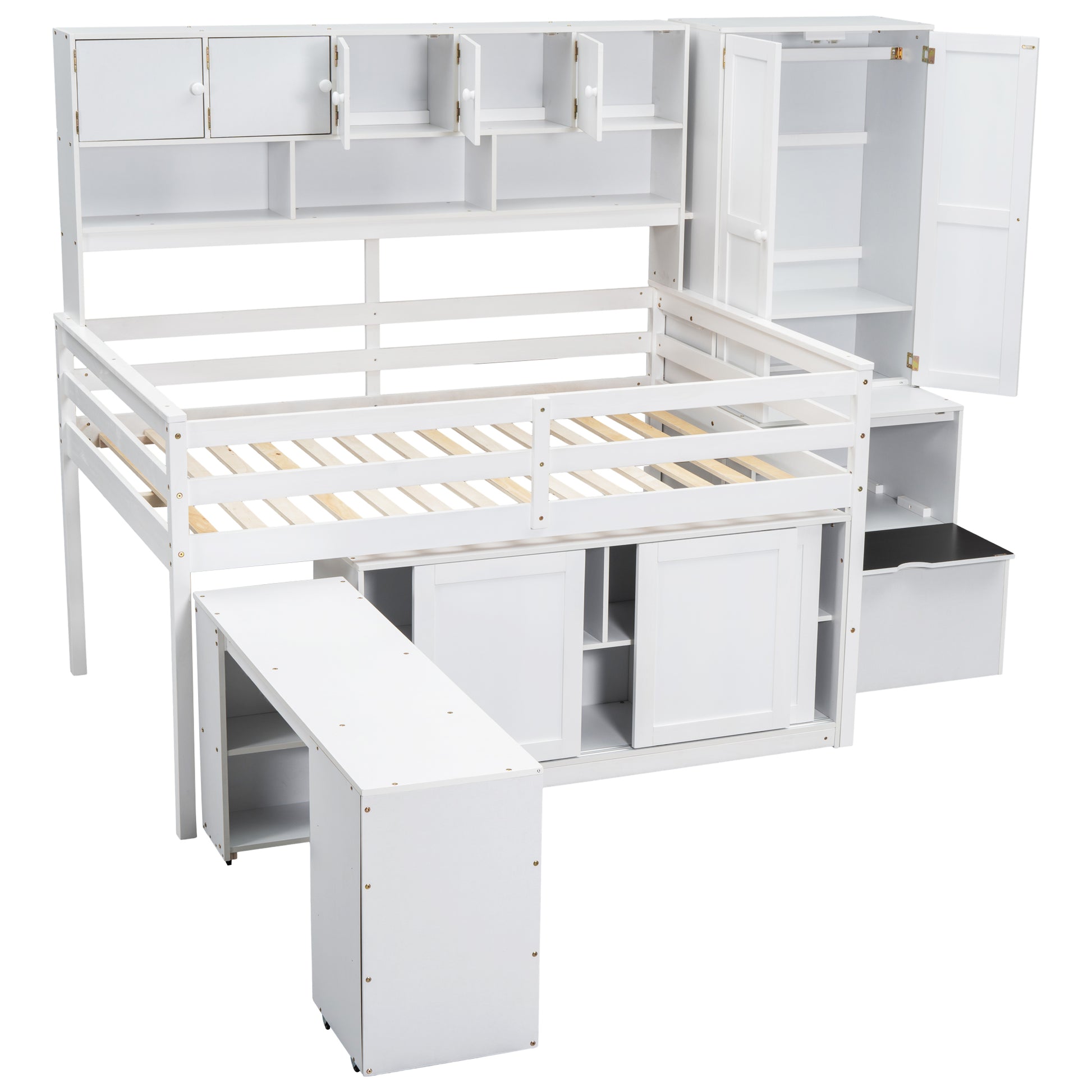 White loft bed with integrated desk and wardrobe