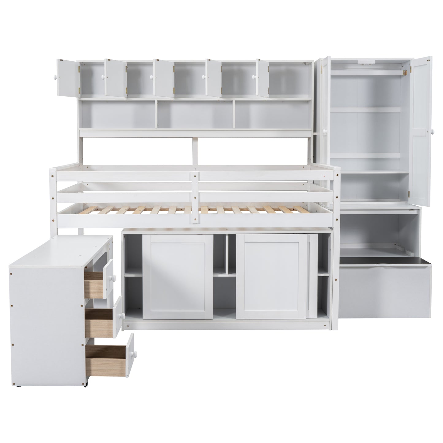White loft bed with integrated storage including drawers cabinets and a wardrobe
