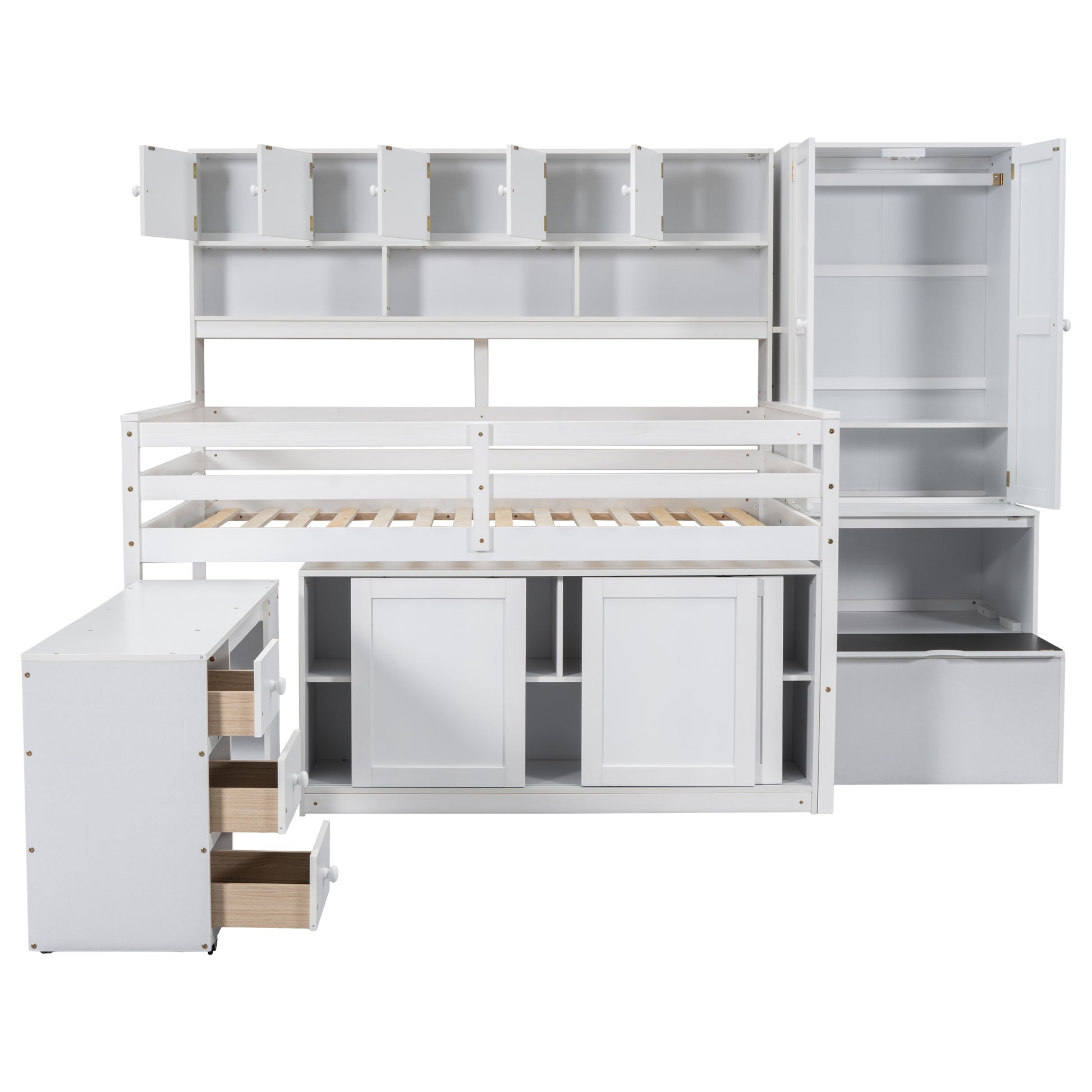 White loft bed with integrated storage including drawers cabinets and a wardrobe